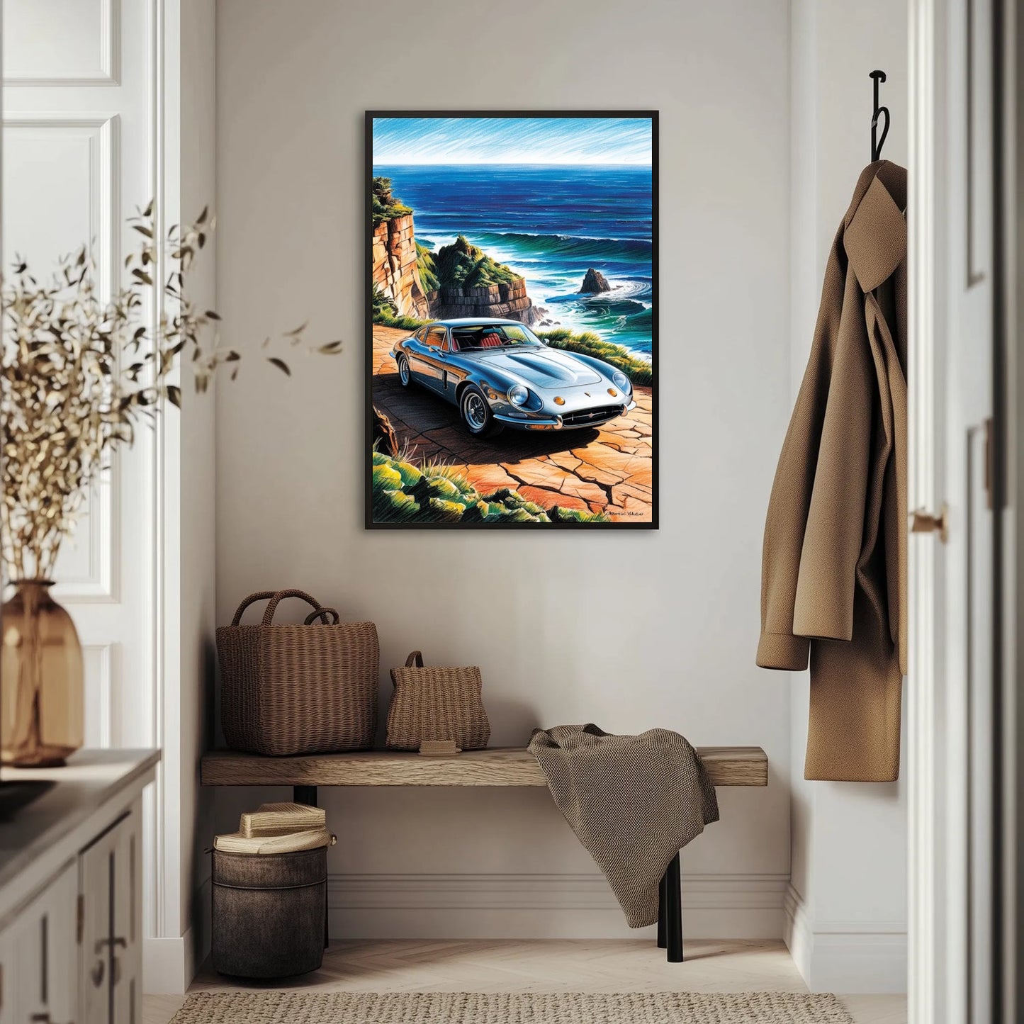 Auto na klifie z widokiem na ocean Plakat