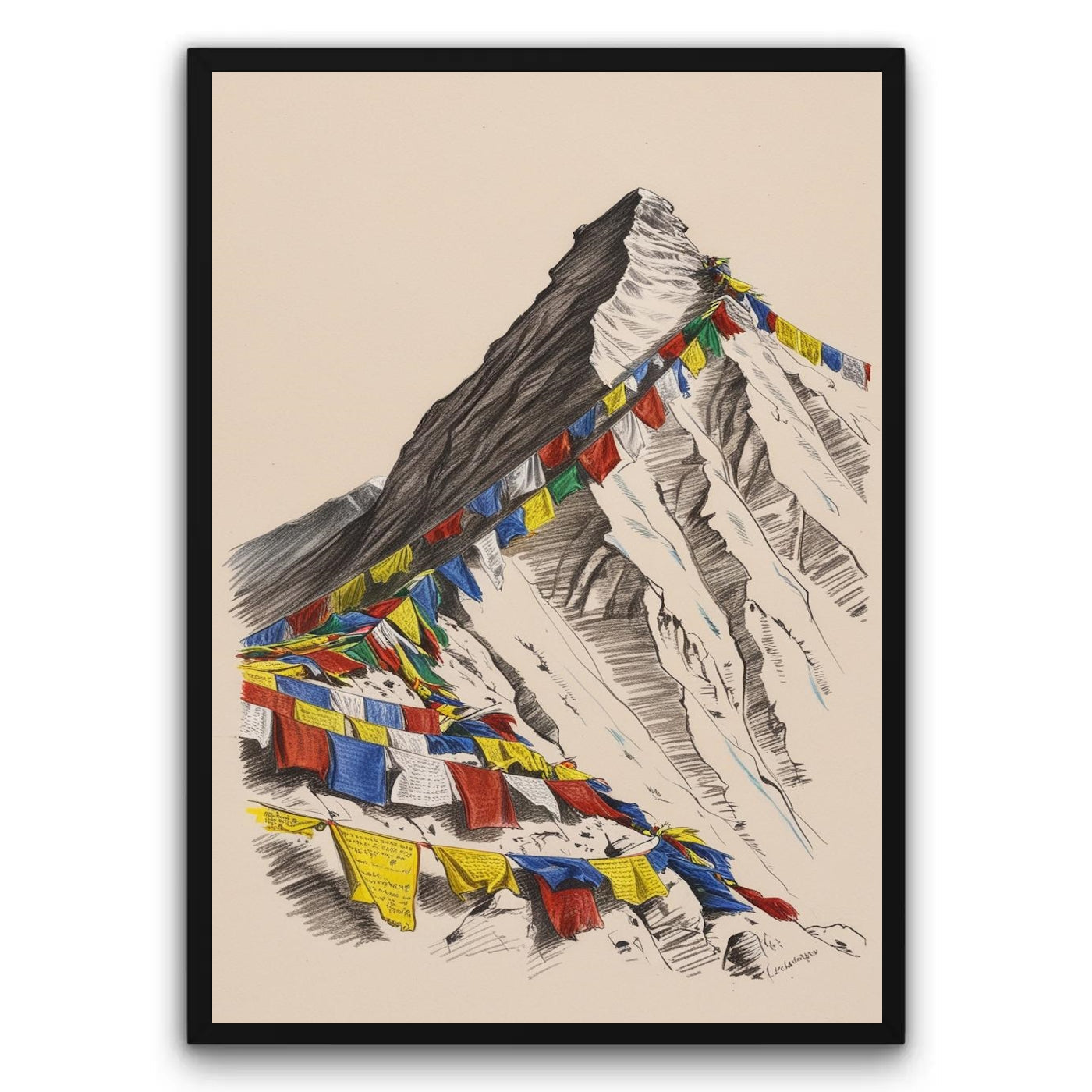 Himalajski szczyt z flagami Plakat