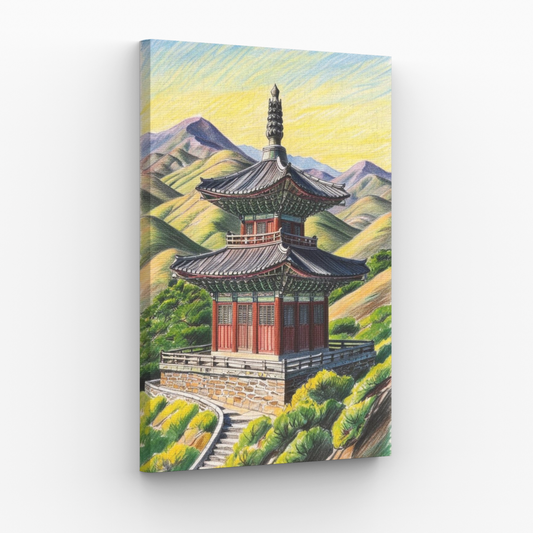 Pagoda W Stylu Koreańskim Na Tle Gór Obraz