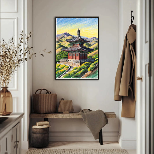 Pagoda W Stylu Koreańskim Na Tle Gór Plakat