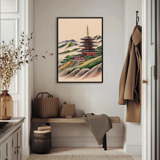 Japoński Krajobraz Z Pagodą W Tle Plakat