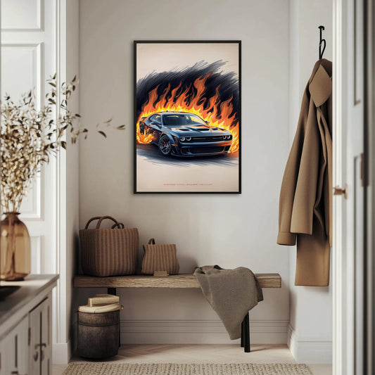Dodge Challenger Hellcat w płomieniach Plakat