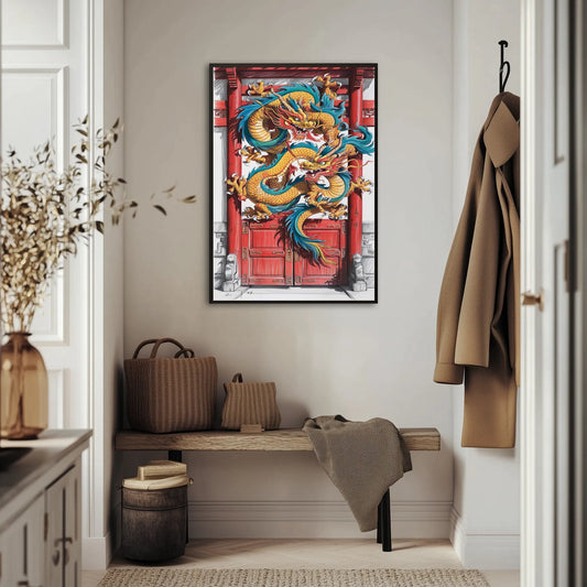Chińska brama ozdobiona smokami Plakat