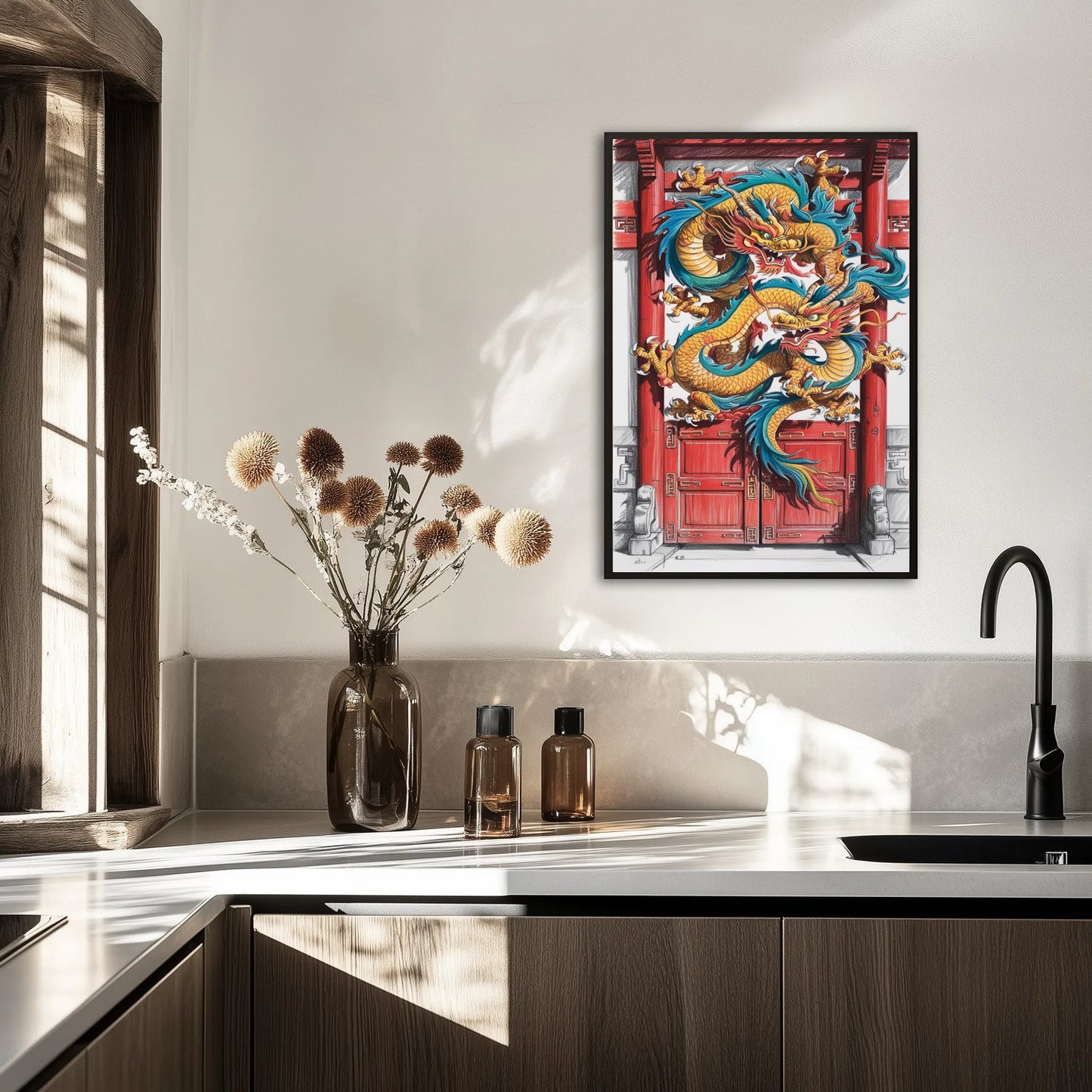 Chińska brama ozdobiona smokami Plakat