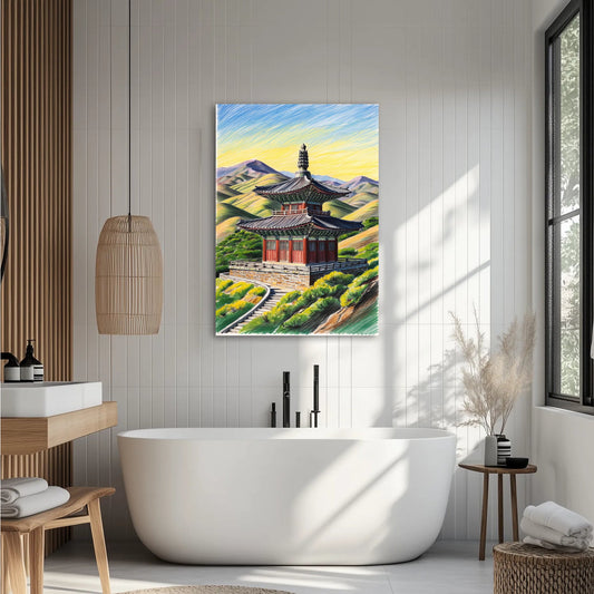 Pagoda W Stylu Koreańskim Na Tle Gór Obraz