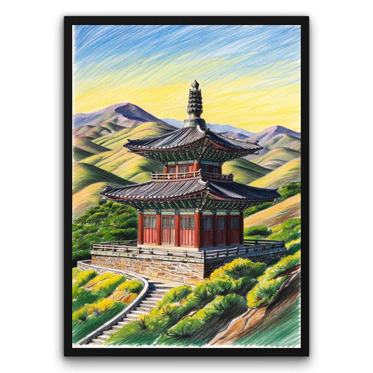 Pagoda W Stylu Koreańskim Na Tle Gór Plakat