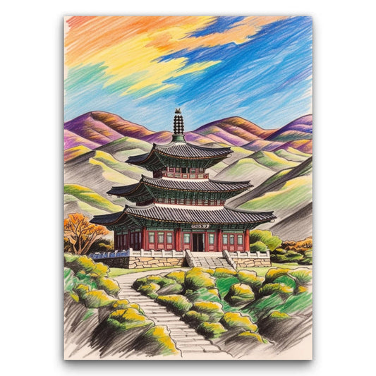 Pagoda W Stylu Koreańskim Na Tle Gór 2 Obraz