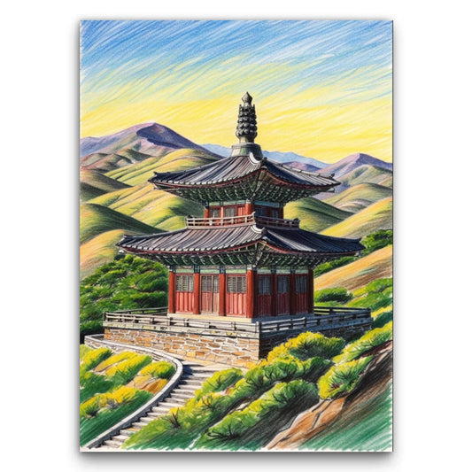 Pagoda W Stylu Koreańskim Na Tle Gór Obraz