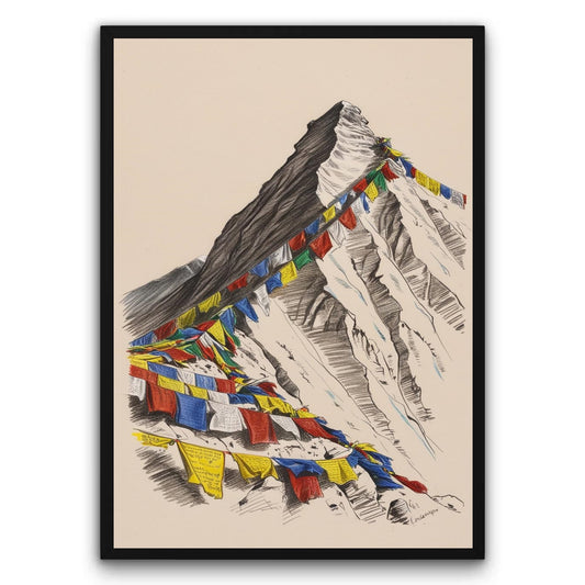 Himalajski szczyt z flagami Plakat